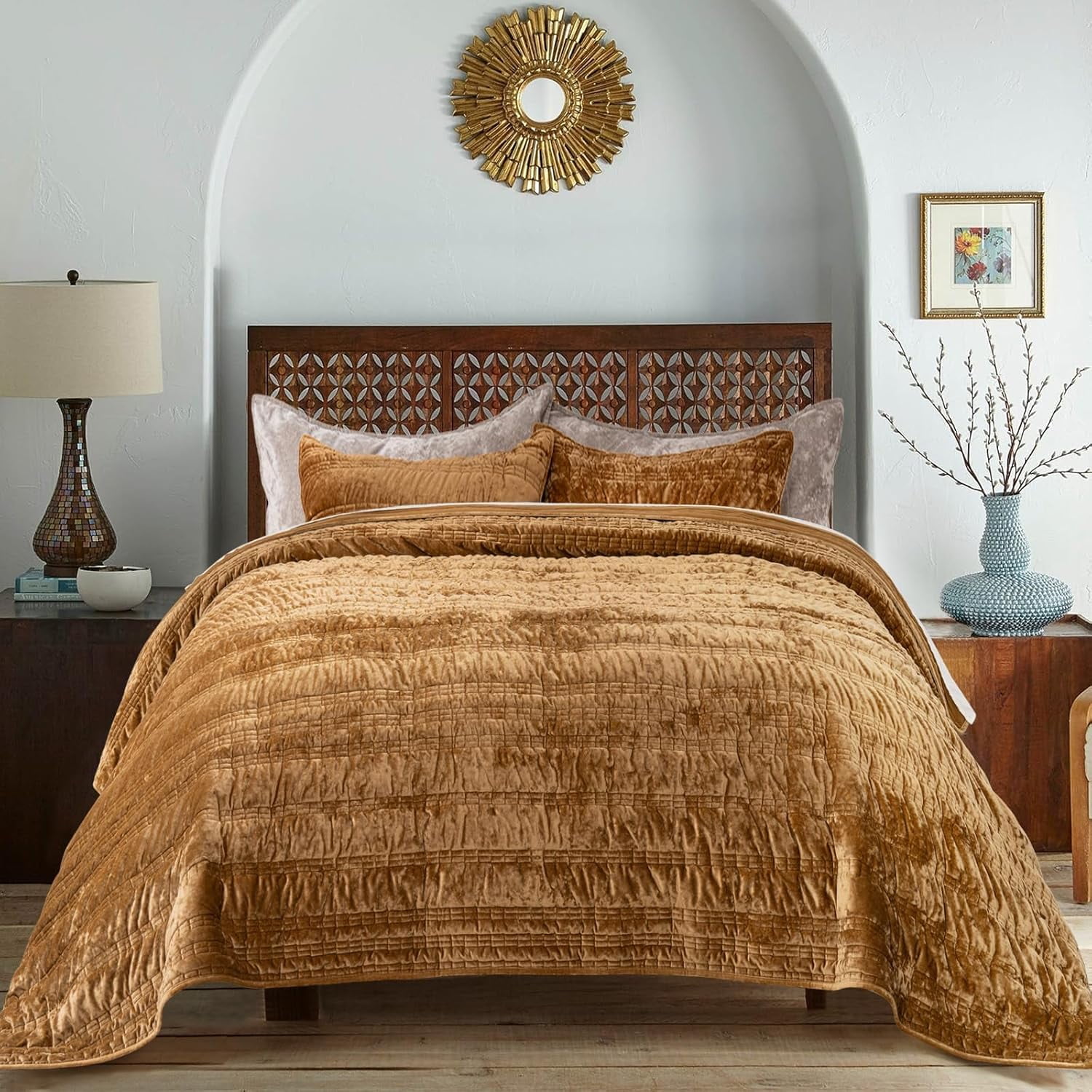 EVERGRACE Luxury Ruched Velvet Quilt King Size, Ultra Soft Bedspread Coverlet Set, Lightweight Velvet Comforter, Quilted Bedding Cover with 2 Matching Shams for All Season, Gold Yellow