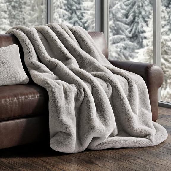 EVERGRACE Luxury Soft Faux Chinchilla Fur Throw Blanket for Couch, Warm Thick Heavy Winter Throw Blanket 1220GSM for Bed, Fluffy Cozy Mink Blanket with Reversible Velvet, Silver Taupe, 60"x80"