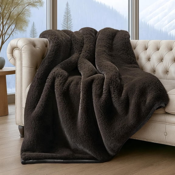 EVERGRACE Luxury Soft Faux Chinchilla Fur Throw Blanket for Couch, Warm Thick Heavy Winter Throw Blanket 1220GSM for Bed, Fluffy Cozy Mink Blanket with Reversible Velvet, Espresso Mink, 60''x80''