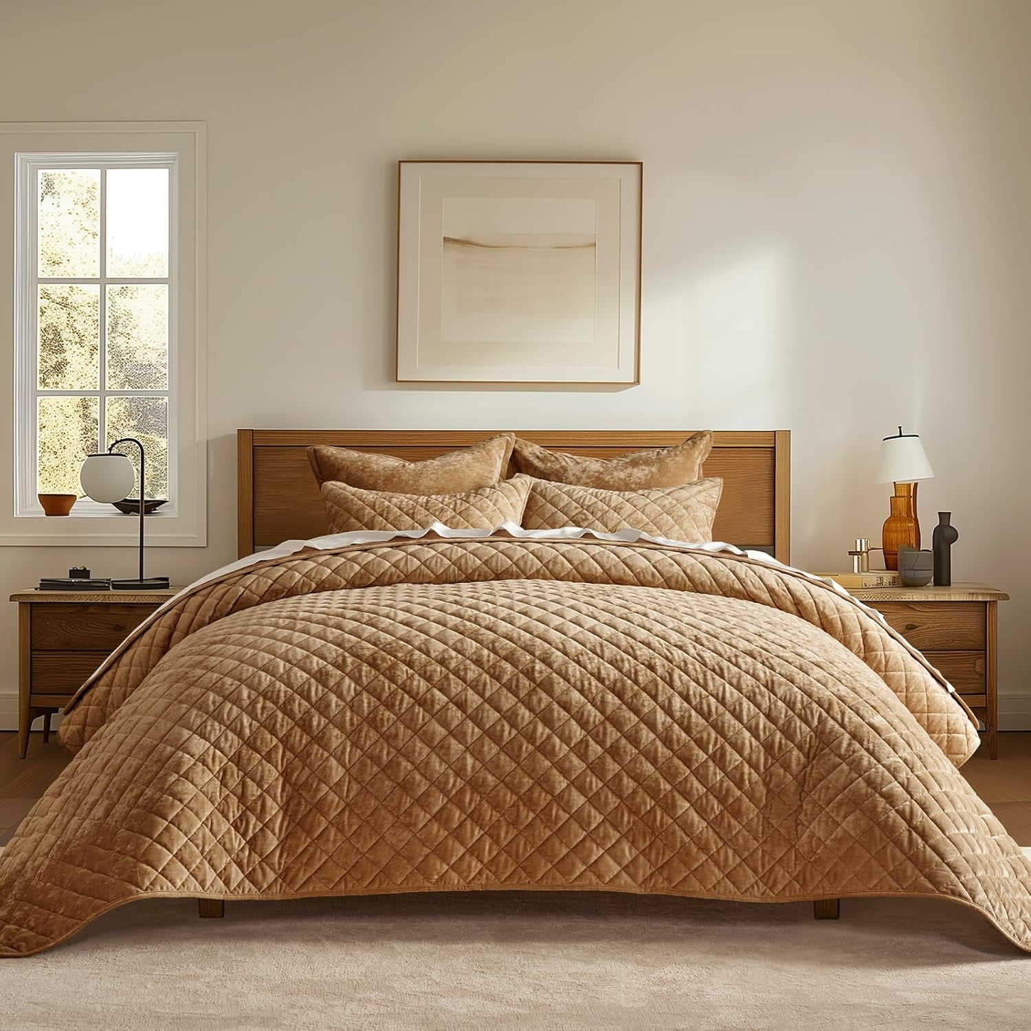 EVERGRACE Luxury Velvet Quilt Set King Size, Diamond Quilted Lightweight Velvet Comforter for All Season, Ultra Soft Oversized Bedspread Coverlet Bedding Set with 2 Pillow Shams, Gold Caramel