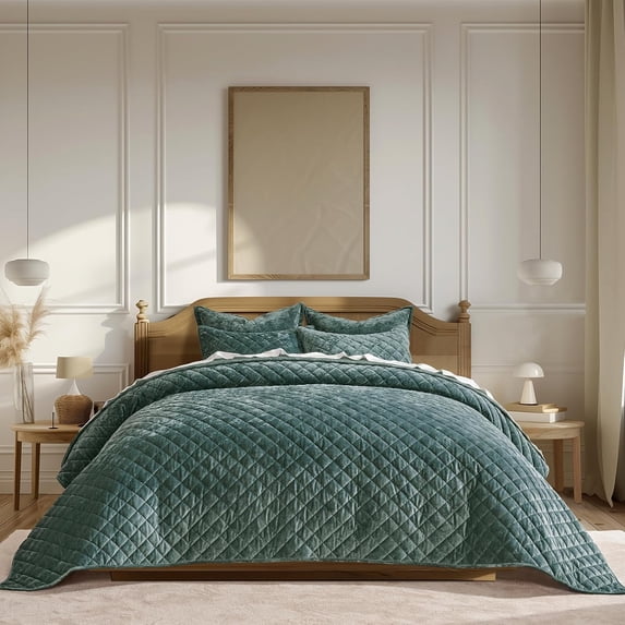 EVERGRACE Luxury Velvet Quilt Set Queen Size, Diamond Quilted Lightweight Velvet Comforter for All Season, Ultra Soft Oversized Bedspread Coverlet Bedding Set with 2 Pillow Shams, Dark Green