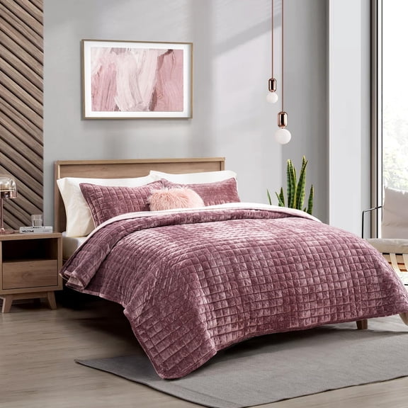 EVERGRACE Luxury Velvet Quilt Set Twin/Twin XL Size, Lightweight Velvet Comforter Set, Oversized Bedspread Coverlet Quilted Bedding Set, with 1 Matching Pillow Sham, for All Season, Dusty Mauve Pink
