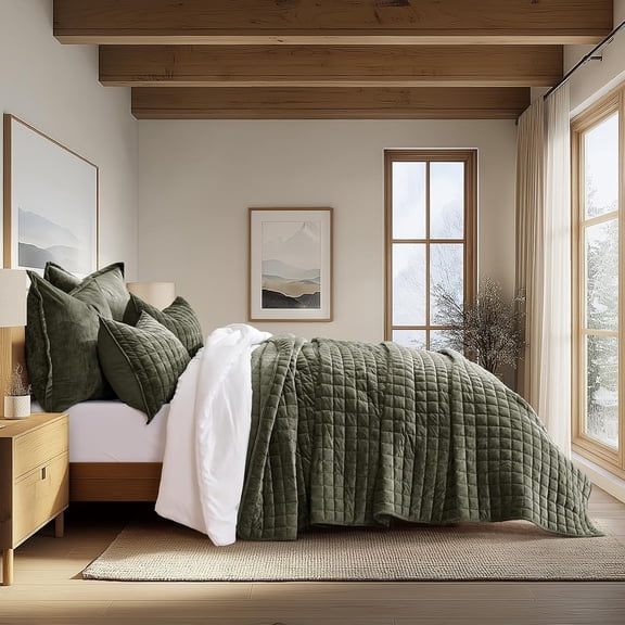 EVERGRACE Luxury Velvet Quilt Set Twin/Twin XL Size, Lightweight Velvet Comforter Set, Oversized Bedspread Coverlet Quilted Bedding Set, with 1 Matching Pillow Sham, for All Season, Olive Green