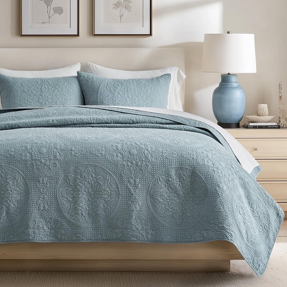 EVERGRACE Medallion Stitch Cotton Quilt Set Queen Size, 3-Piece 100% Cotton Quilted Bedspread Coverlet Bedding Set with Pillow Shams, Oversized Lightweight Soft & Breathable All-Season, Blue Linen