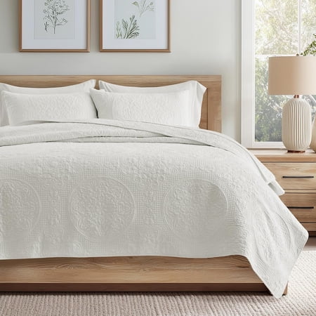 EVERGRACE Medallion Stitch Cotton Quilt Set Queen Size, 3-Piece 100% Cotton Quilted Bedspread Coverlet Bedding Set with Pillow Shams, Oversized Lightweight Soft & Breathable All-Season, Bright White