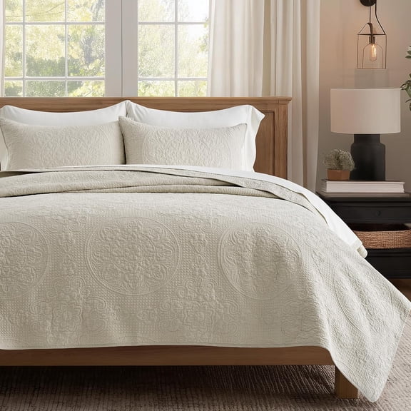 EVERGRACE Medallion Stitch Cotton Quilt Set Queen Size, 3-Piece 100% Cotton Quilted Bedspread Coverlet Bedding Set with Pillow Shams, Oversized Lightweight Soft & Breathable All-Season, Birch