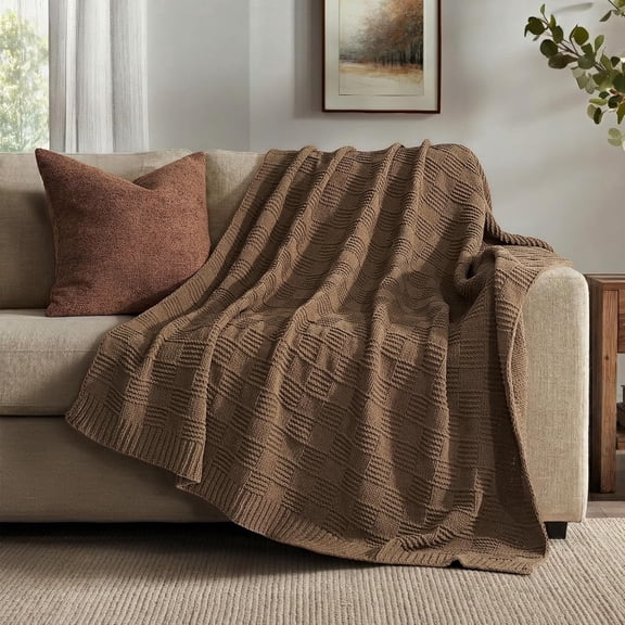 EVERGRACE Modern Checkered Chenille Throw Blanket, Soft Cozy Plaid Knitted Blanket for Sofa & Couch, Decorative Knit Throw for Bed and Living Room, Camel Brown, 50" x 60"