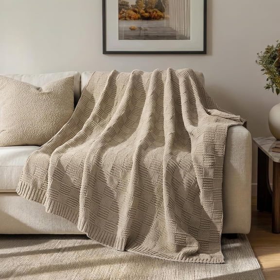 EVERGRACE Modern Checkered Chenille Throw Blanket, Soft Cozy Plaid Knitted Blanket for Sofa & Couch, Decorative Knit Throw for Bed and Living Room, Sand Dune, 50" x 60"