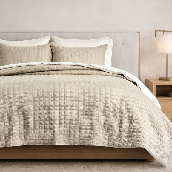 EVERGRACE Modern Windowpane Cotton Sateen Quilt Set King Size, Pre-Washed 100% Cotton Coverlet Bedspread, 3-Piece Soft Lightweight Bedding Set with 2 Shams for All Seasons, Light Taupe