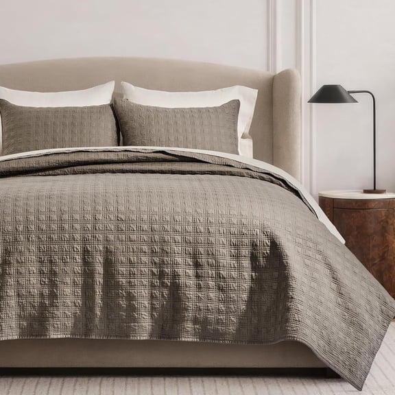 EVERGRACE Modern Windowpane Cotton Sateen Quilt Set Queen Size, Pre-Washed 100% Cotton Coverlet Bedspread, 3-Piece Soft Lightweight Bedding Set with 2 Shams for All Seasons, Mocha Brown