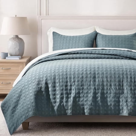 EVERGRACE Modern Windowpane Cotton Sateen Quilt Set Queen Size, Pre-Washed 100% Cotton Coverlet Bedspread, 3-Piece Soft Lightweight Bedding Set with 2 Shams for All Seasons, Sonoma Blue