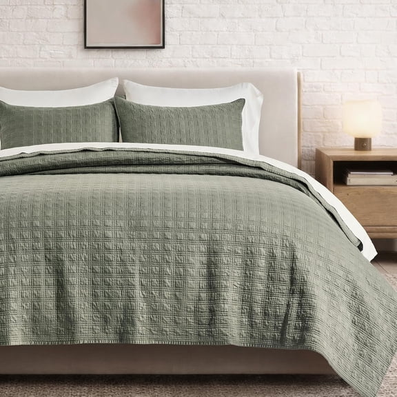EVERGRACE Modern Windowpane Cotton Sateen Quilt Set Queen Size, Pre-Washed 100% Cotton Coverlet Bedspread, 3-Piece Soft Lightweight Bedding Set with 2 Shams for All Seasons, Dried Sage