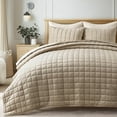 thumbnail image 1 of EVERGRACE Pearl Velvet Quilt Set Full Queen Size, Luxurious Soft Velvet Comforter, Lightweight Oversized Bedspread Coverlet, Box Stitch Quilted Bedding Sets for All Season, with 2 Shams, Natural, 1 of 8