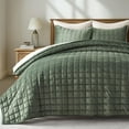 thumbnail image 1 of EVERGRACE Pearl Velvet Quilt Set King Size, Luxurious Soft Velvet Comforter Set, Lightweight Oversized Bedspread Coverlet, Box Stitch Quilted Bedding Sets for All Season, with 2 Shams, Olive Green, 1 of 8