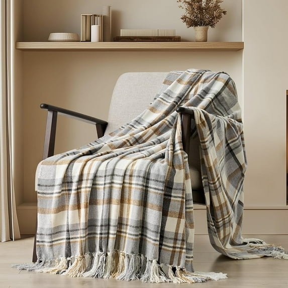 EVERGRACE Plaid Chenille Throw Blanket for Couch, Super Soft Cozy Decorative Farmhouse Plaid Throw with Tassels, Lightweight Chenille Knit Throw for Bed Sofa Gift Home Decor, Grey & Beige 50"x60"