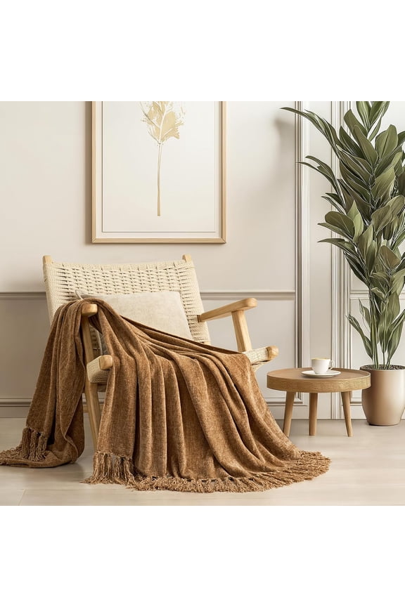 Soft Chenille Throw Blanket for Couch, Cozy Plush Fuzzy Decorative Chenille Knit Throw Blanket with Tassels, Lightweight Blanket and Throws for Bed Sofa Gift Home Decor, Khaki 50"x60"