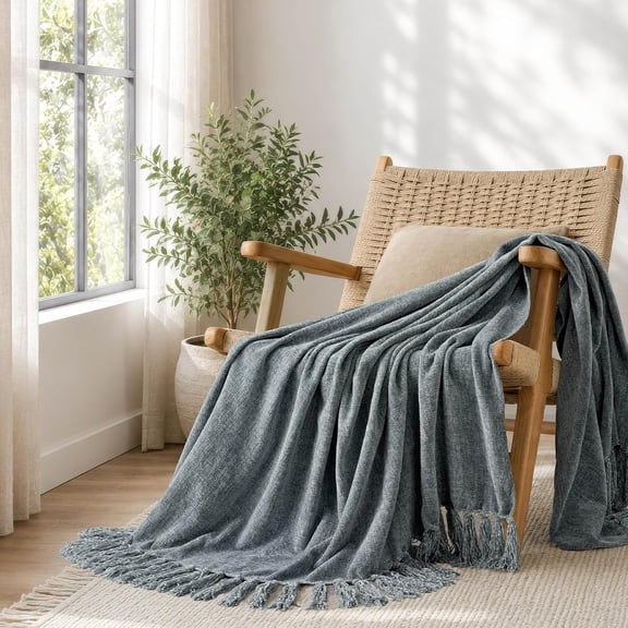 EVERGRACE Soft Chenille Throw Blanket for Couch, Cozy Plush Fuzzy Decorative Chenille Knit Throw Blanket with Tassels, Lightweight Blanket and Throws for Bed Sofa Gift Home Decor, Dusk Blue 50"x60"