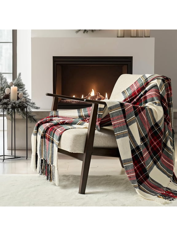 Stewart Christmas Plaid Chenille Throw Blanket for Couch, Super Soft Cozy Tartan Checkered Throw Blanket with Tassels, Lightweight Plush Chenille Knit Throw for Christmas Decor, 50”x60”