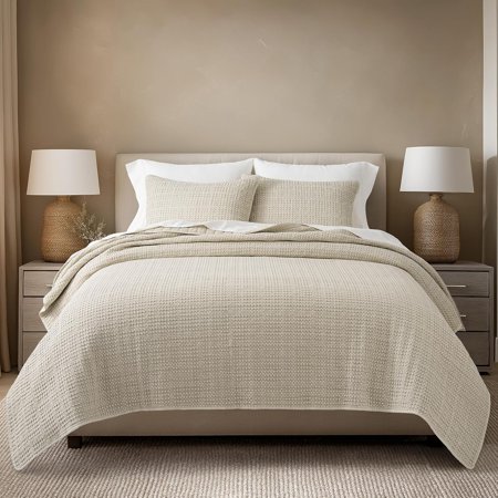 EVERGRACE Stonewashed 100% Natural Cotton Waffle Quilt Set King Size 3 Pieces, Soft, Breathable & Substantial Bedding, Quilted Coverlet Bedspread with 2 Shams for All Seasons, Natural