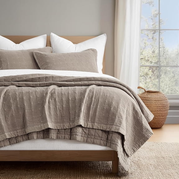 EVERGRACE Stonewashed Cotton Quilt Set King Size, Ultra Soft Oversized Bedspread Coverlet Set, Lightweight Crinkle Box Stitch Bedding Sets for All Season, with 2 Shams, Truffle Taupe Brown