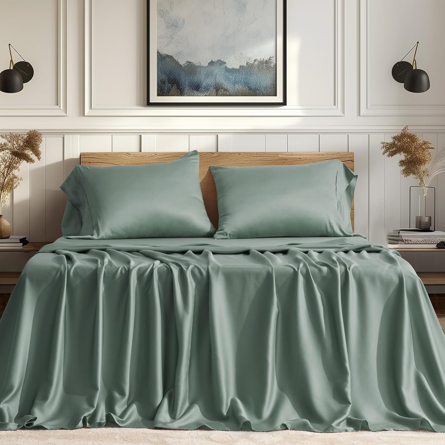 EVERGRACE Tencel Sheet Set King Size 4 Pieces，Soft Cooling Bed Sheets for Hot Sleepers, Eucalyptus Lyocell Luxury Breathable Bedding Set, 1 Fitted Sheet, 1 Flat Sheet, 2 Shams, Misty Sage Green - Thumbnail 4