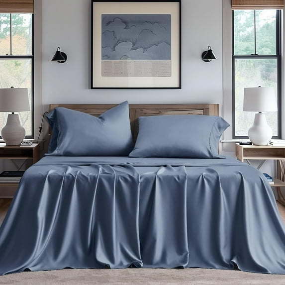 EVERGRACE Tencel Sheet Set Queen Size 4 Pieces,Soft Cooling Bed Sheets for Hot Sleepers, Eucalyptus Lyocell Luxury Breathable Bedding Set, 1 Fitted Sheet, 1 Flat Sheet, 2 Shams, Stormy Blue