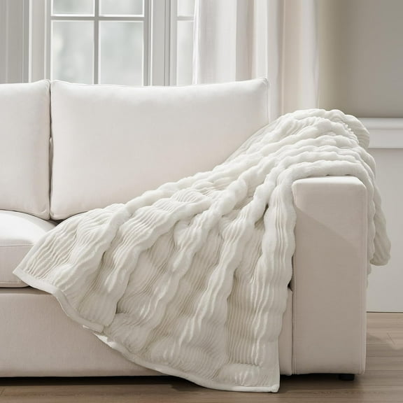 EVERGRACE Ultra Soft Faux Fur Throw Blanket for Couch, Luxury Sculpted Texture Faux Rabbit Fur Blanket for Bed, Fluffy Thick Plush Warm Fuzzy Throw, 920GSM (Bright White, 50''x60'')