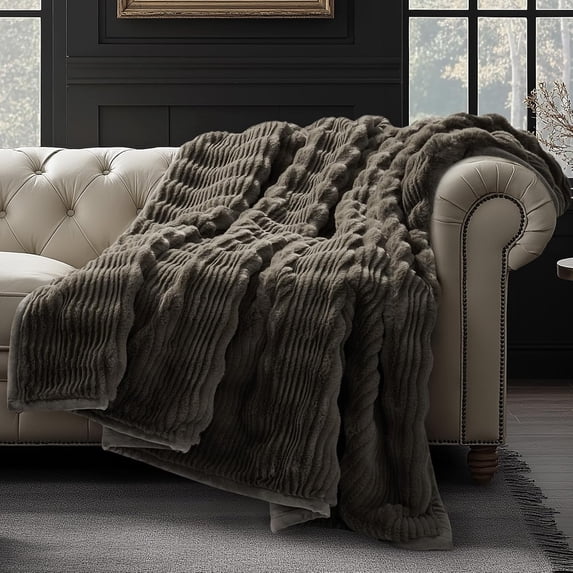 EVERGRACE Ultra Soft Faux Fur Throw Blanket for Couch, Luxury Sculpted Texture Faux Rabbit Fur Blanket for Bed, Fluffy Thick Plush Warm Fuzzy Throw, 920GSM (Dark Taupe, 50''x60'')