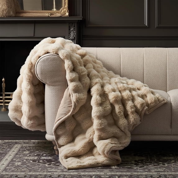 EVERGRACE Ultra Soft Luxury Fluffy Faux Rabbit Fur Throw Blanket, Thick Warm Bubble Throw for Bed, Cozy Plush Reversible Blankets for Couch, Chair, Sofa, Cream, 50x60 Inches, 870 GSM