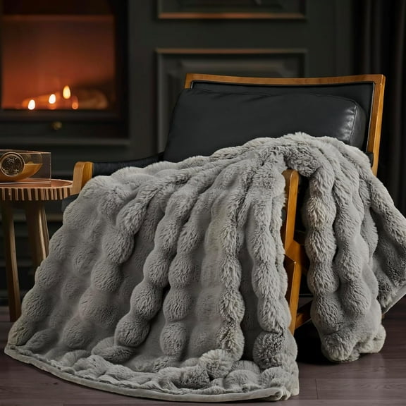 EVERGRACE Ultra Soft Luxury Fluffy Ridgeline Faux Rabbit Fur Throw Blanket, Thick Warm Bubble Throw for Bed, Cozy Plush Reversible Blankets for Couch, Chair, Sofa, Light Grey, 50x60 Inches, 870 GSM