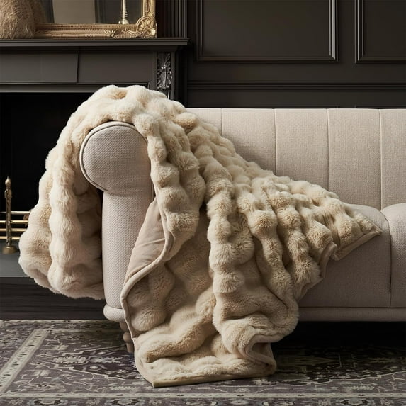 EVERGRACE Ultra Soft Luxury Fluffy Faux Rabbit Fur Throw Blanket, Thick Warm Bubble Throw for Bed, Cozy Plush Reversible Blankets for Couch, Chair, Sofa, Cream, 60x80 Inches, 870 GSM