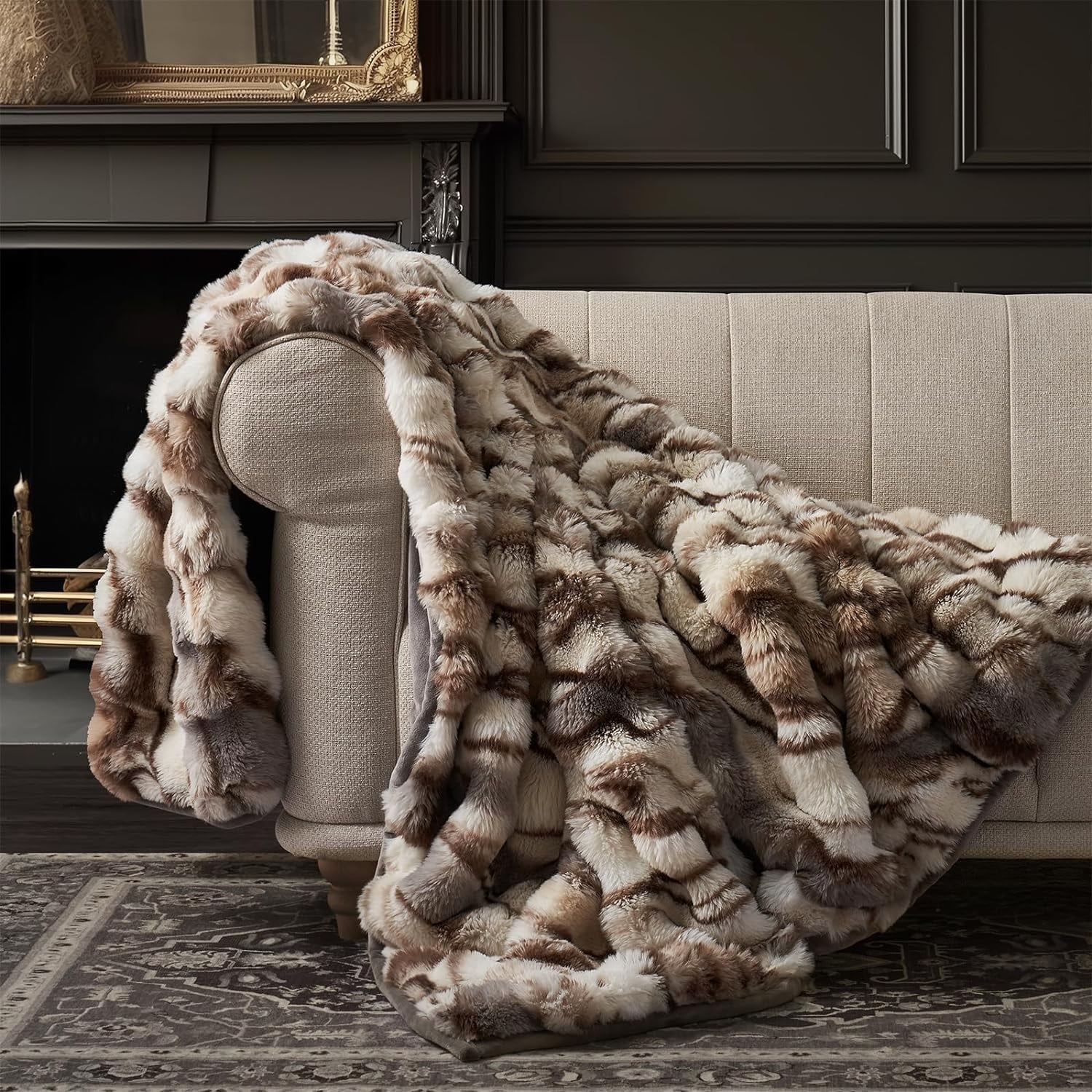 EVERGRACE Ultra Soft Luxury Fluffy Faux Rabbit Fur Throw Blanket, Thick Warm Bubble Throw for Bed, Cozy Plush Reversible Blankets for Couch, Chair, Sofa, Beige & Gray, 60x80 Inches, 870 GSM
