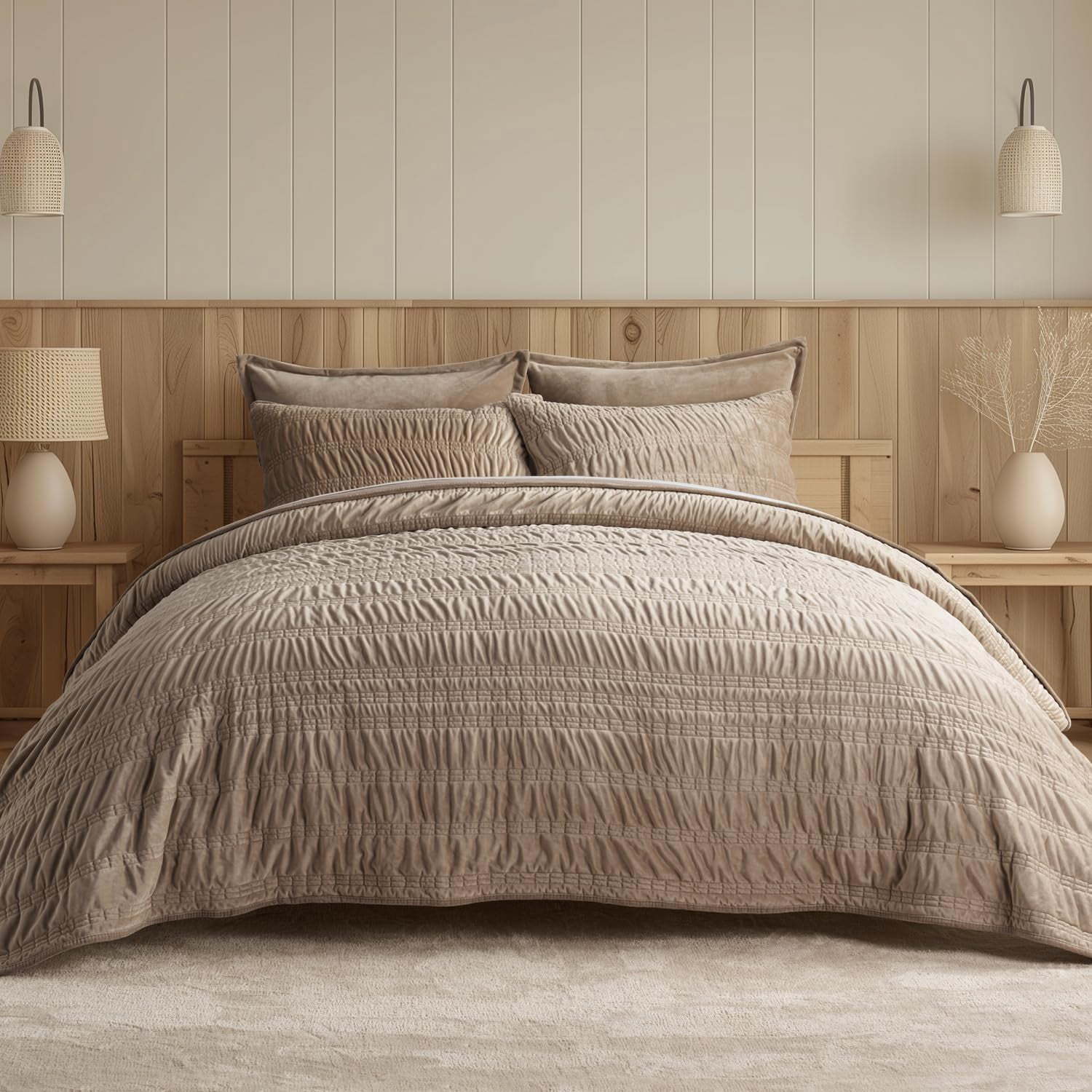 EVERGRACE Velvet Quilt King Size, Luxury Velvet Bedding Set, Ultra Soft Ruched Quilt Sets, Lightweight Comforter Vintage Textured Bedspread Coverlet with 2 Shams for All Season, Khaki Tan