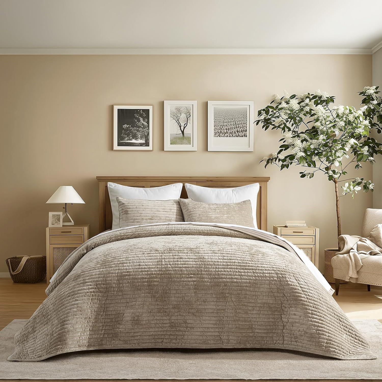 EVERGRACE Velvet Quilt Set California King 118'' x 106'', Luxurious Soft Striped Channel Bedding Set, Lightweight Velvet Comforter, Oversized Bedspread Coverlet with 2 Shams, Beige Taupe
