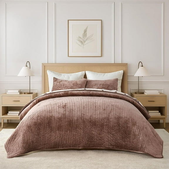 EVERGRACE Velvet Quilt Set Full Queen Size, Luxurious Soft Striped Channel Bedding Set, Lightweight Velvet Comforter with 2 Matching Shams for All Season,Terracotta Clay