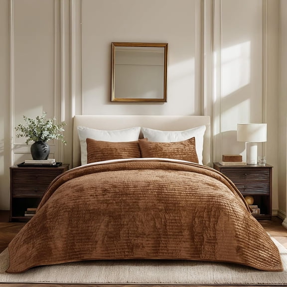 EVERGRACE Velvet Quilt Set Queen Size, Luxurious Soft Striped Channel Bedding Set, Lightweight Velvet Comforter for All Season, Oversized Bedspread Coverlet with 2 Matching Shams, Dark Brown