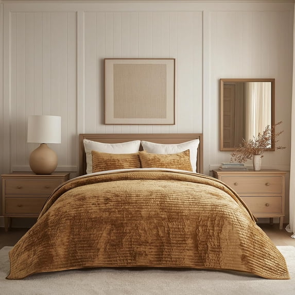 EVERGRACE Velvet Quilt Set Queen Size, Luxurious Soft Striped Channel Bedding Set, Lightweight Velvet Comforter for All Season, Oversized Bedspread Coverlet with 2 Matching Shams, Gold Yellow
