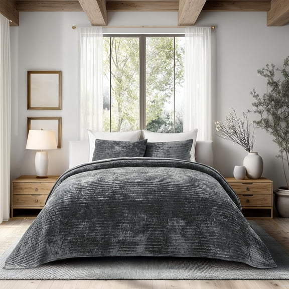 EVERGRACE Velvet Quilt Set Queen Size, Luxurious Soft Striped Channel Bedding Set, Lightweight Velvet Comforter for All Season, Oversized Bedspread Coverlet with 2 Matching Shams, Charcoal Gray