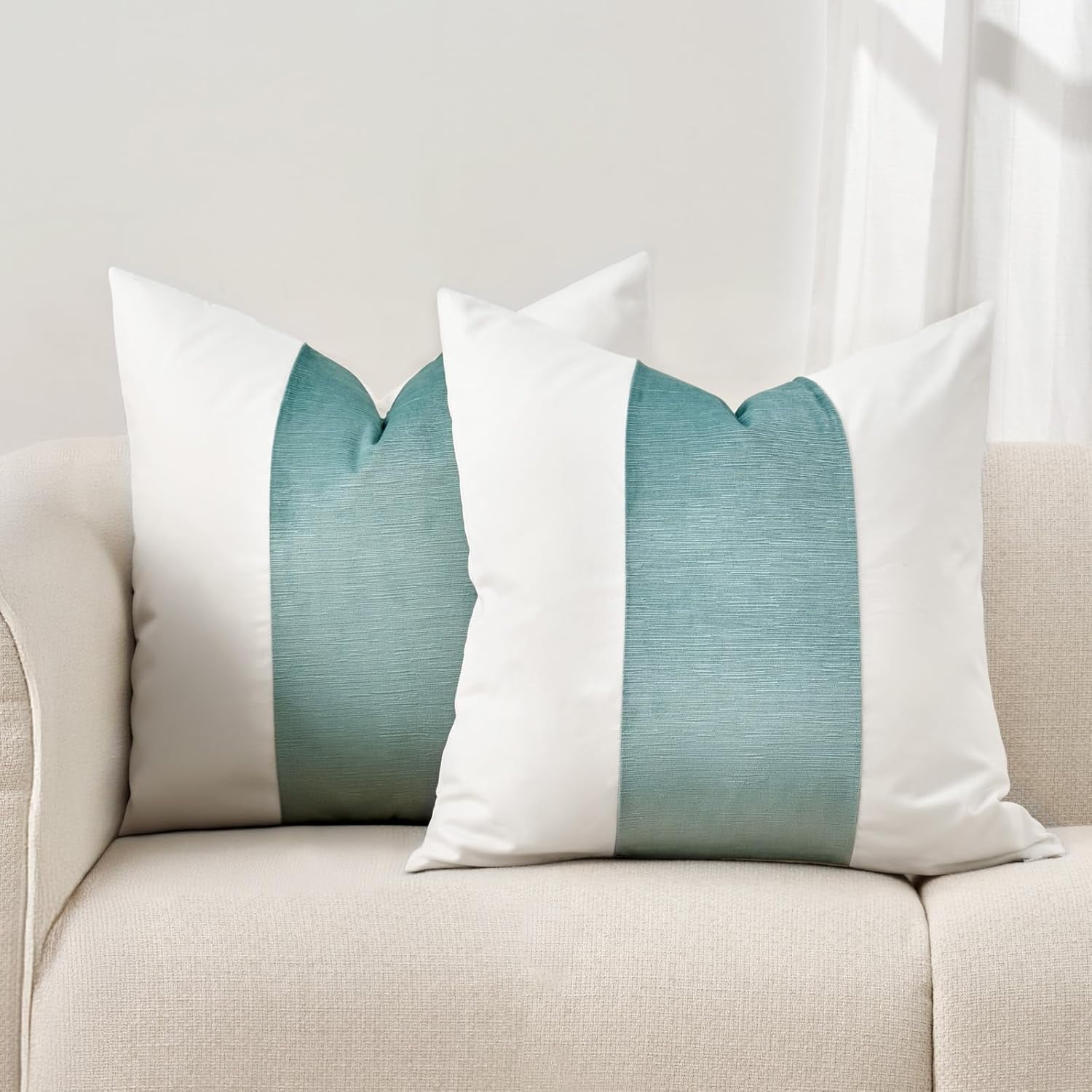 EVERGRACE Walsh Signature Velvet Panel Cotton Pillow Covers Set of 2, Decorative Pillow Covers 20"x20" for Couch, Square Cushion Cases for Sofa Bedroom Living Room, Aquamarine