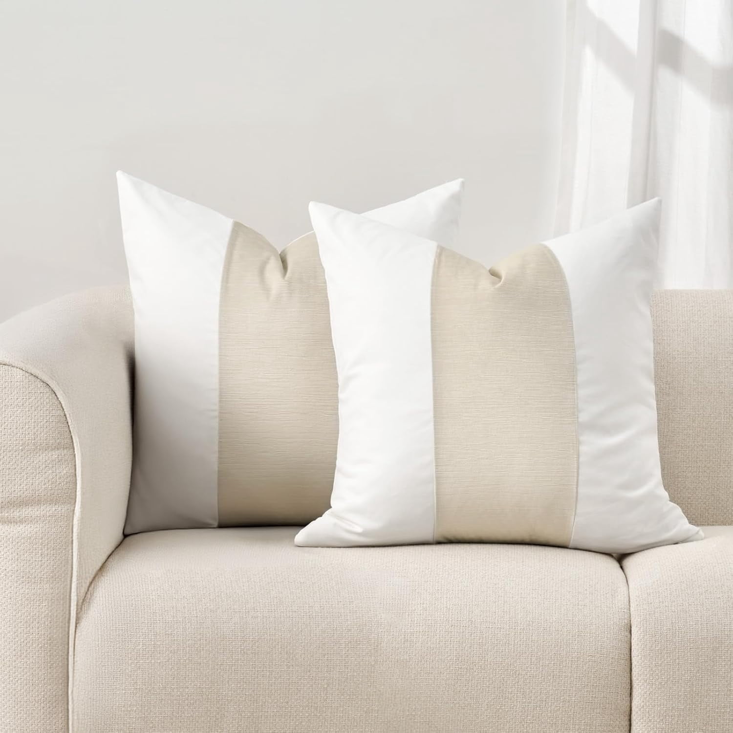 EVERGRACE Walsh Signature Velvet Panel Cotton Pillow Covers Set of 2, Decorative Pillow Covers 20"x20" for Couch, Square Cushion Cases for Sofa Bedroom Living Room, Off White Pearl