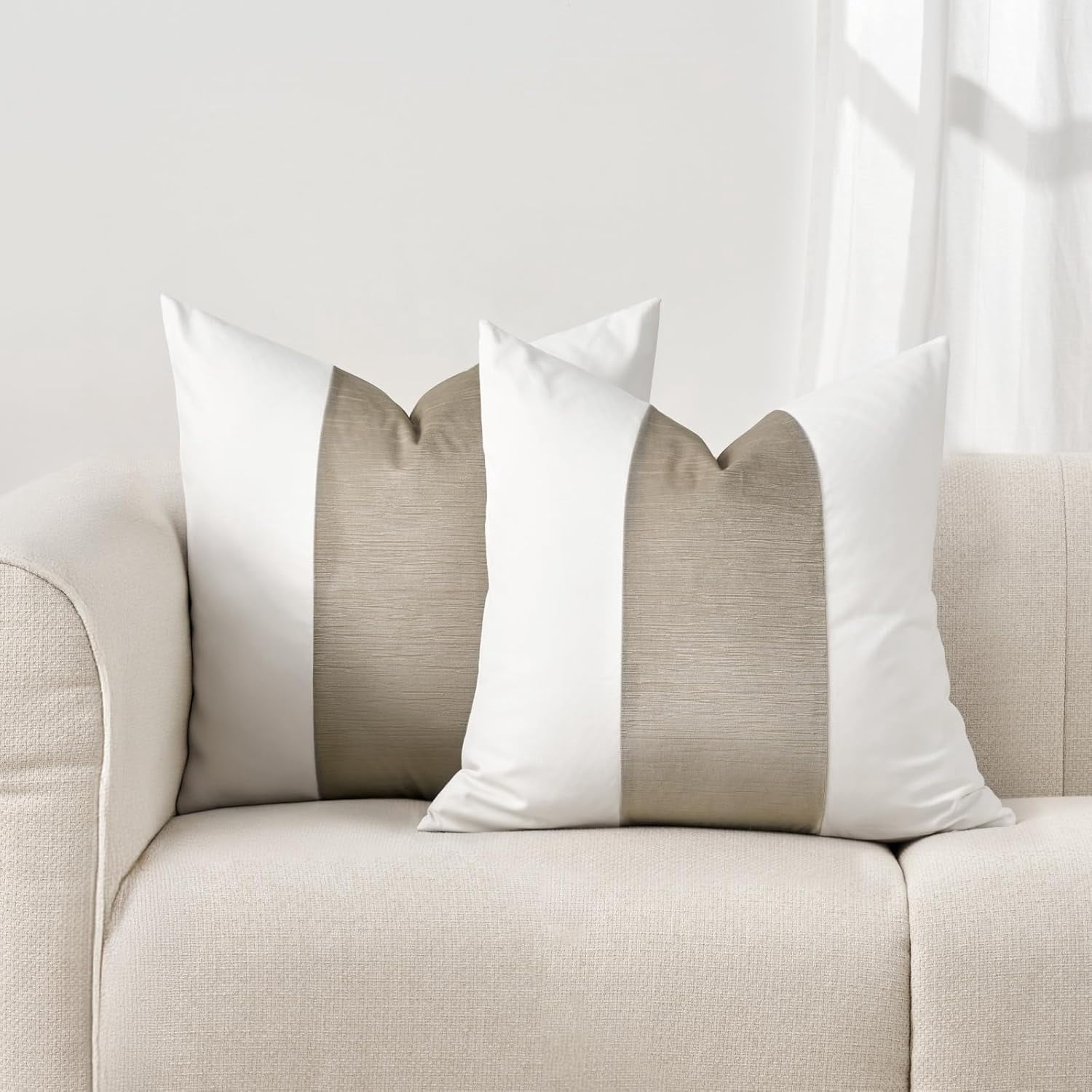 EVERGRACE Walsh Signature Velvet Panel Cotton Pillow Covers Set of 2, Decorative Pillow Covers 22"x22" for Couch, Square Cushion Cases for Sofa Bedroom Living Room, Sand Dune