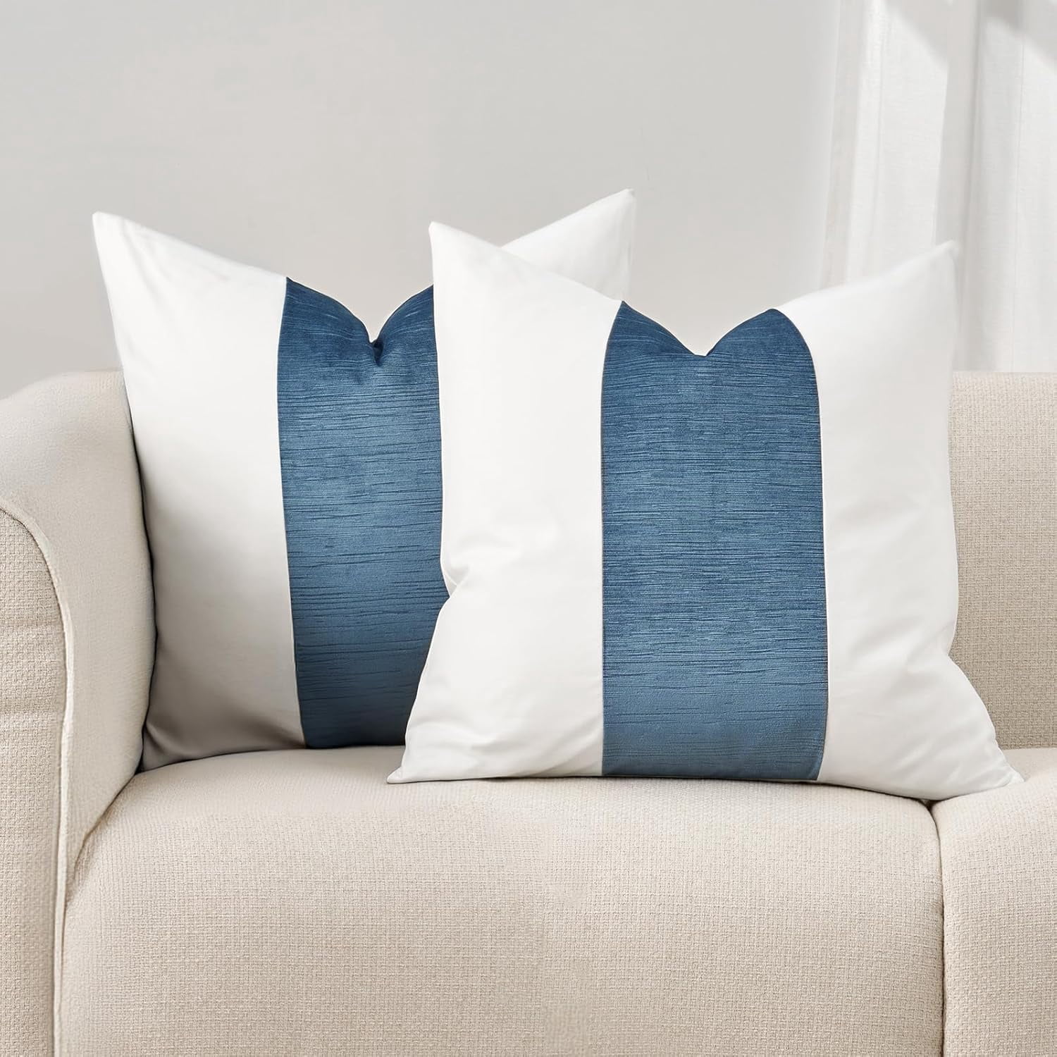 EVERGRACE Walsh Signature Velvet Panel Cotton Pillow Covers Set of 2, Decorative Pillow Covers 22"x22" for Couch, Square Cushion Cases for Sofa Bedroom Living Room, Blue Topaz