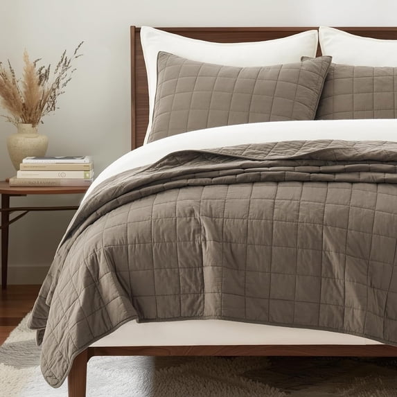 EVERGRACE 100% Cotton Box Stitch Quilt Bedding Set King Size 3 Pieces, Garment-Washed Lightweight Soft Cozy Coverlet, Oversized Quilted Bedspread Sets with 2 Shams for All Season, Mocha Brown