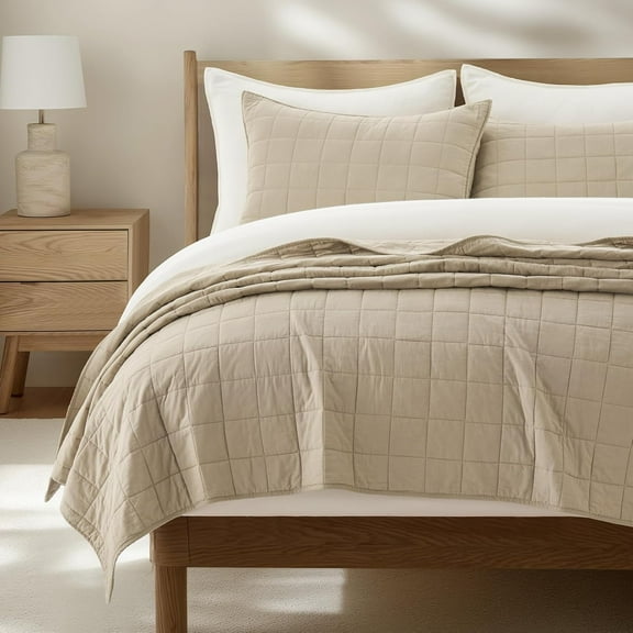 EVERGRACE 100% Cotton Box Stitch Quilt Bedding Set King Size 3 Pieces, Garment-Washed Lightweight Soft Cozy Coverlet, Oversized Quilted Bedspread Sets with 2 Shams for All Season, Pebble Khaki