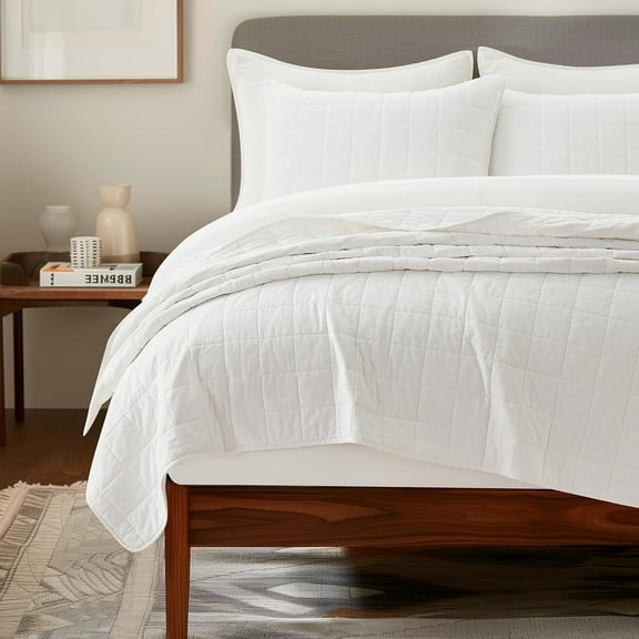 EVERGRACE 100% Cotton Box Stitch Quilt Bedding Set King Size 3 Pieces, Garment-Washed Lightweight Soft Cozy Coverlet, Oversized Quilted Bedspread Sets with 2 Shams for All Season, Bright White