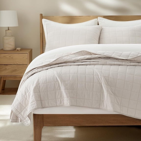 EVERGRACE 100% Cotton Box Stitch Quilt Bedding Set King Size 3 Pieces, Garment-Washed Lightweight Soft Cozy Coverlet, Oversized Quilted Bedspread Sets with 2 Shams for All Season, Birch