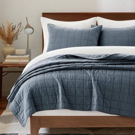EVERGRACE 100% Cotton Box Stitch Quilt Bedding Set Queen Size 3 Pieces, Garment-Washed Lightweight Soft Cozy Coverlet, Quilted Bedspread Sets with 2 Shams for All Season, Midnight Blue