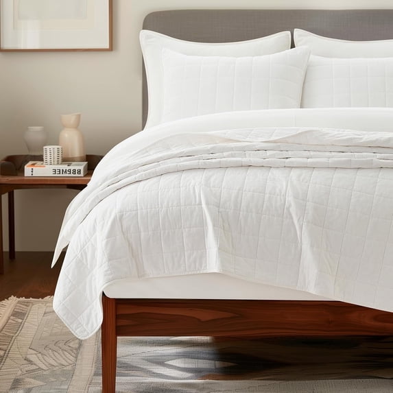 EVERGRACE 100% Cotton Box Stitch Quilt Bedding Set Queen Size 3 Pieces, Garment-Washed Lightweight Soft Cozy Coverlet, Quilted Bedspread Sets with 2 Shams for All Season, Bright White