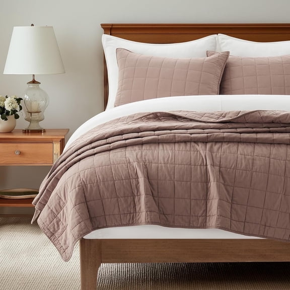 EVERGRACE 100% Cotton Box Stitch Quilt Bedding Set Queen Size 3 Pieces, Garment-Washed Lightweight Soft Cozy Coverlet, Quilted Bedspread Sets with 2 Shams for All Season, Clay
