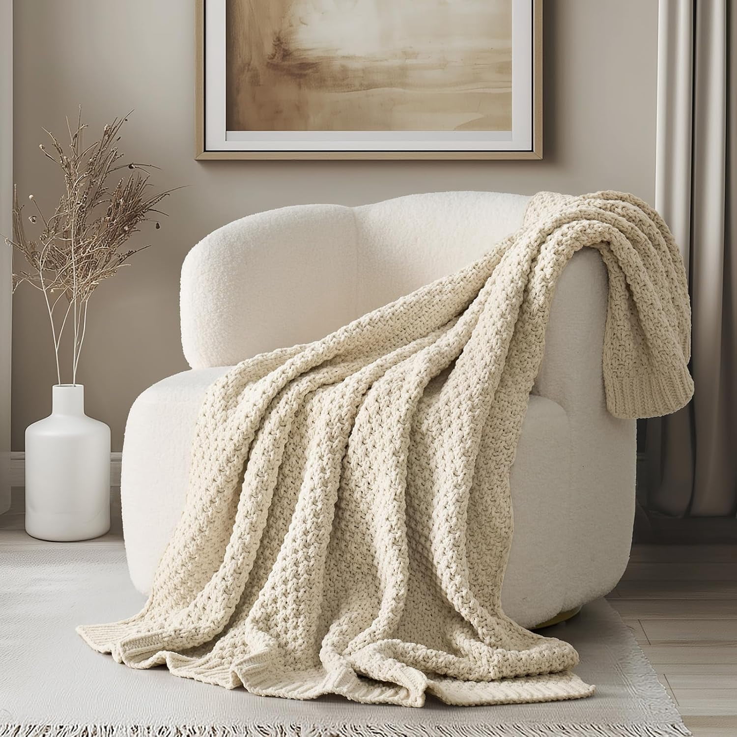 EVERGRACE Chunky Chenille Knit Throw Blanket for Couch, Soft Luxurious Moss Stitch Blankets for Bed, Cozy Decorative Farmhouse Knitted Throws for Sofa, Beige, 50" x 60"
